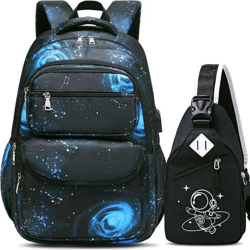 Bevalsa Backpack for Boys, Galaxy School Bags for Kids, Bookbag for Boys Girls Children Teens Backpacks for Elementary Middle High school Student, Bookbag and Sling Bag Set with USB Charging Port in Saudi Arabia