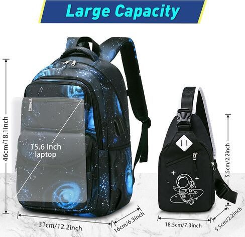 Bevalsa Backpack for Boys, Galaxy School Bags for Kids, Bookbag for Boys Girls Children Teens Backpacks for Elementary Middle High school Student, Bookbag and Sling Bag Set with USB Charging Port in Saudi Arabia