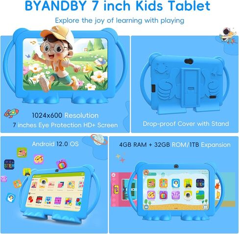2024 Kids Tablet, 7 inch Android 12 Tablet for Kids, 4GB+32GB ROM+1TB Expand Quad-Core Toddler Tablet with Shockproof Case, BT, WiFi, Parental Control, 2MP+5MP Dual Camera, Games(Pink) in Kuwait