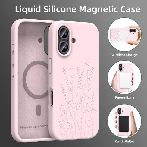 حافظة مغناطيسية متوافقة مع حافظة iPhone 16 Pro، متوافقة مع Magsafe، حماية الكاميرا، حافظة هاتف من السيليكون السائل لطيفة ومتينة للنساء والفتيات، منقوشة بزهرة خضراء منتصف الليل in Kuwait