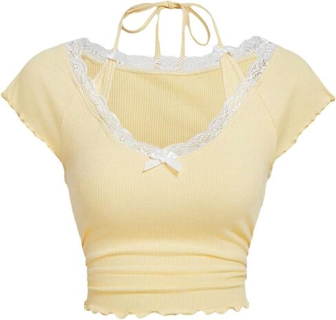 Verdusa Women's Contrast Lace Halter Neck Lettuce Trim Casual Crop Tee Tops in Saudi Arabia