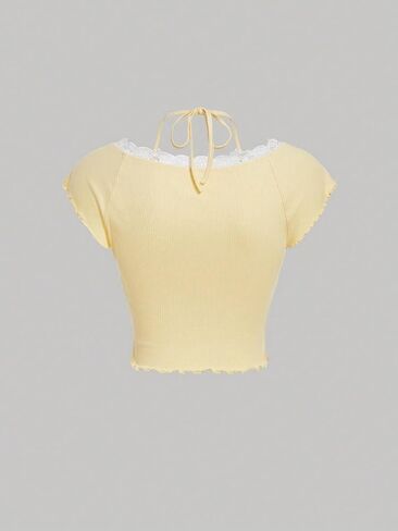 Verdusa Women's Contrast Lace Halter Neck Lettuce Trim Casual Crop Tee Tops in Saudi Arabia
