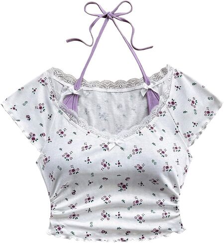 Verdusa Women's Contrast Lace Halter Neck Lettuce Trim Casual Crop Tee Tops in Saudi Arabia