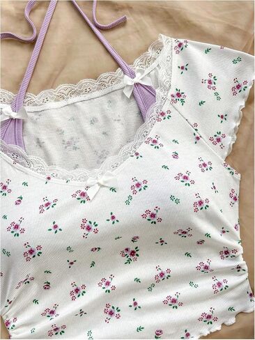 Verdusa Women's Contrast Lace Halter Neck Lettuce Trim Casual Crop Tee Tops in Saudi Arabia