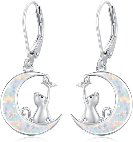 Dreamboat Cat Moon Opal Earrings for Women Sterling Silver Opal Moon Silver/Black Cat Earrings Cat Moon Jewelry for Women in Saudi Arabia
