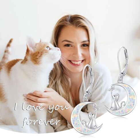 Dreamboat Cat Moon Opal Earrings for Women Sterling Silver Opal Moon Silver/Black Cat Earrings Cat Moon Jewelry for Women in Saudi Arabia
