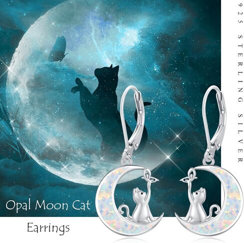 Dreamboat Cat Moon Opal Earrings for Women Sterling Silver Opal Moon Silver/Black Cat Earrings Cat Moon Jewelry for Women in Saudi Arabia
