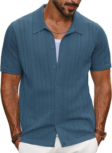 PJ PAUL JONES Men's Knit Shirts Short Sleeve Button Down Polo Shirt Fashion Hollow Out Texture Casual Summer Beach Shirt in Saudi Arabia