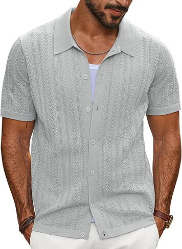 PJ PAUL JONES Men's Knit Shirts Short Sleeve Button Down Polo Shirt Fashion Hollow Out Texture Casual Summer Beach Shirt in Saudi Arabia