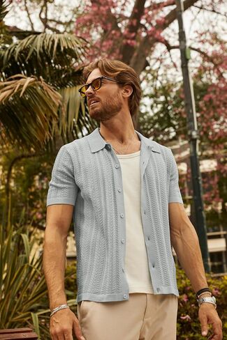 PJ PAUL JONES Men's Knit Shirts Short Sleeve Button Down Polo Shirt Fashion Hollow Out Texture Casual Summer Beach Shirt in Saudi Arabia