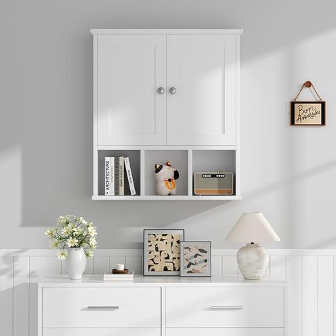 Shintenchi Bathroom Wall Cabinet with Door, Over The Toilet Medicine Cabinet with Adjustable Shelf & Open Shelf, White in Saudi Arabia