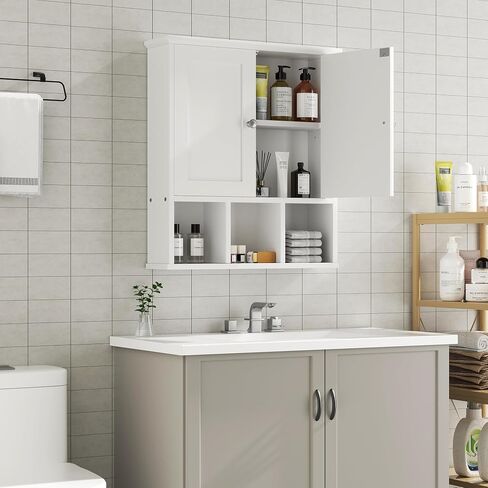 Shintenchi Bathroom Wall Cabinet with Door, Over The Toilet Medicine Cabinet with Adjustable Shelf & Open Shelf, White in Saudi Arabia