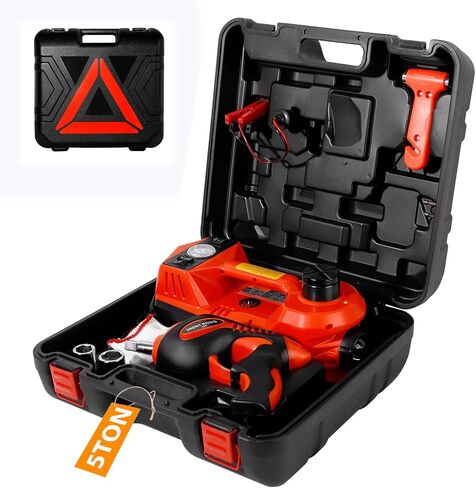 Electric Car Jack Kit, 5 Ton Hydraulic Car Jack with Inflator Pump, 12V Portable Car Jack with LED Light for SUV MPV Sedan, Lifting Range 6 to 17.7 Inch (Red) in Kuwait