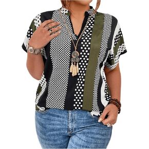 SOLY HUX Women's Plus Size Boho Short Sleeve Blouse V Neck Printed Casual Shirt Tops