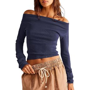Womens Off The Shoulder Tops Long Sleeve Shirts Sexy Boat Neck Slim Fit Fall Winter Pullover Blouses