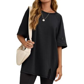 Tankaneo Womens Oversized Workout Tshirts Split Hem Raglan Short Sleeve Tops Summer Casual Loose Fit Tee Shirt