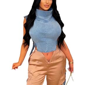 PAODIKUAI Women's Sleeveless Denim Crop Top Vest Y2K Sexy Summer Jean Vest Shirt Tank Tops Waistcoat Jacket