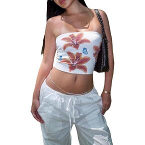 Y2k Striped Tube Tops for Women Vintage Floral Strapless Crop Tops Summer Going Out Aesthetic Bandeau Vest