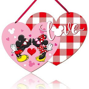 Valentines Day Door Sign, Catoon Mouse Heart Shaped Wooden Sign Love Wood Hanging Sign, Happy Valentines Day Decor for Front Door, White and Pink Buffalo Check Plaid Romantic Sweet Farmhouse Home Decorations