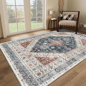 Oversized Rug for Living Room-Machine Washable Area Rugs 9'x12' for Bedroom, Non-Shedding Faux Wool Vintage Design Boho Low Pile Mat Rugs,Stain Resistant Rugs with Non-Slip Backing（Light Color）