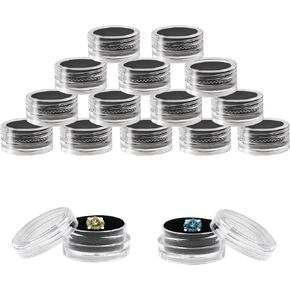 16Pcs Mini Round Stone Box Black Gemstone Display Box Small Loose Diamond Gemstone Display Case Plastic Containers Holder with Clear Top Lids and Sponge Charm Display