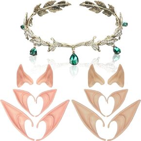 6 Pairs Elf Ears, Cosplay Elf Ears with Rhinestone Crown Set, Elf Ears Adult Women Costumes for Teenagers, Latex Fairy Ears for Anime Party Masquerade, Halloween Elf Accessories for Vampire Cosplay