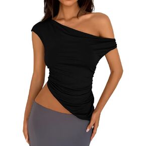 PRETTYGARDEN Womens 2025 Summer Off The Shoulder Crop Tops Sleeveless One Shoulder Ruched Asymmetrical Y2K Going Out Tank Top