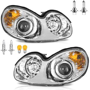 Headlights fits 2002-2005 Hyundai Sonata 4-Dr, Headlamp Assembly Replacement for 02 03 04 05 Sonata Chrome Housing Clear Reflector with Bulbs