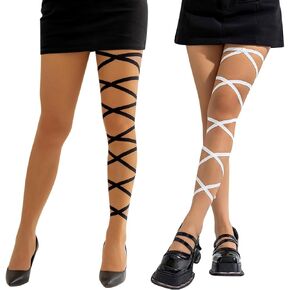 4Pcs Leg Wraps Rave Elastic Garter Leg Cross Straps Bandage Music Dancing Slip Tights Straps Outfits Festivals Costume Girls Women(Black+White)