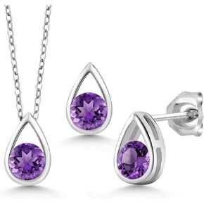 Gem Stone King 925 Sterling Silver 5MM Round Gemstone Birthstone Teardrop Pendant Earrings Set | Jewelry Set for Women | With 18 Inch Silver Chain