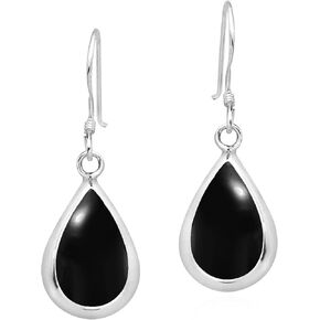AeraVida Elegant Teardrops of Simulated Black Onyx Stone Inlay .925 Sterling Silver Dangle Earrings | Black Onyx Earrings | Silver Teardrop Dangle Earrings | Black Earrings for Women