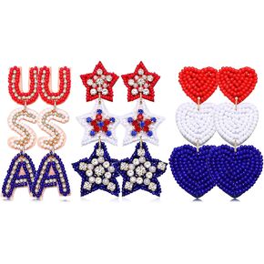 4th of July Earrings, Beaded American Flag Patriotic Earrings for Women, Handmade Letter USA Star Heart Dangle Earrings American Independence Day 4th of July Accessories