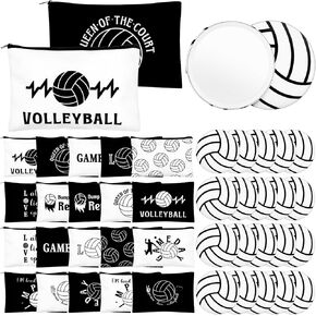 40 Pcs Volleyball Gifts 20 Volleyball Cosmetic Bags 20 Volleyball Compact Mirrors, Travel Pouches Black and White 2.76" Round Makeup Mirrors Women Volleyball Stuff Gifts Volleyball Players Teams
