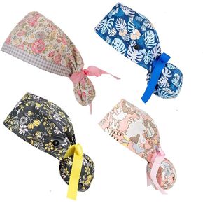 Surgery Cap Bouffant Caps Working Cap with Buttons and Ribbon Tie for Women, Long Hair