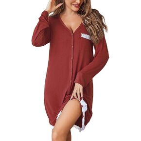 Ekouaer Women Striped Nightgowns Long Sleeve Button Down Sleepshirts Comfy Sleep Shirt S-3XL