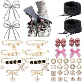 Junk Socks Charms for Sneakers Socks Safety for Sambas Y2k Pearl Bow Lace Shoelace Charms Set 38PCS