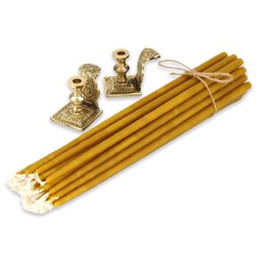 Ornate Brass Mini Candle Holders - Set of 2 Decorated Candlesticks for Thin Tapers + 20 pcs Pure Beeswax Church Candles | Prayer Corner | Meditation | Relaxation