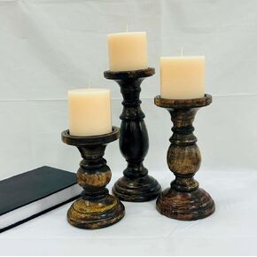 Natural Round Turned Candle Holders for Pillar Candles Set of 3 Vintage Style Mango Wood Candle Holder for Centerpiece for Dining, Living Room