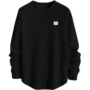GORGLITTER Men's Crew Neck Letter Print Tees Top Long Sleeve Texture T Shirt