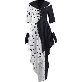 Cruella Deville Costume Women Jacket 2021 Cruella Dalmatian Dress Halloween Costume with Gloves US Size (Large, White)