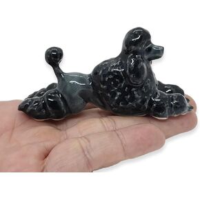 WitnyStore Tiny 3⅛" Black Lying Down Poodle Pudel Caniche Dog Figurine - Miniature Hand Made Painted Ceramic Dogs Puppy Hound Canine Animals Cute Porcelain Decorative Collectible Figures Décor Gifts