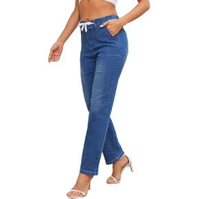 Women's Boyfriend Jeans Drawstring Elastic Waist Denim Pants - Plus Size High Waisted Jeans with Straight Leg Fit