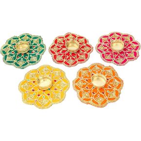Set of 5 Mat Rangoli with Tea Light Candle Holder Stand for Home Made up of Artificial Silk Cloth Golden Embroideries for Indian Traditional Festival(Size:-5")(Red/Pink/Yellow/Green/Orange)