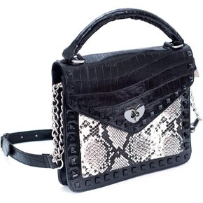 Black Faux Crocodile Leather Crossbody Bag with Snake Print and Chain Strap – Edgy Women’s Shoulder Bag in Saudi Arabia