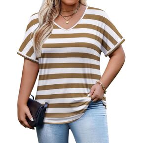 IN'VOLAND Plus Size Tops Short Sleeve Tee Shirt V Neck Loose Fit Striped Loose Casual T Shirt Summer Blouses in Kuwait