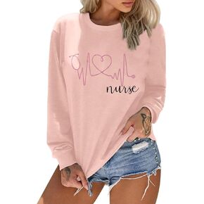 SFHFY Nurse Shirts for Women Heartbeat Print Tops Casual Long Sleeve Heartbeat Love Pullover for Nurse Life Shirt