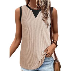 Dokotoo Tank Tops for Women Round Neck Sleeveless Waffle Knit Tops for Women Color Block Womens Tank Tops 2025 Summer