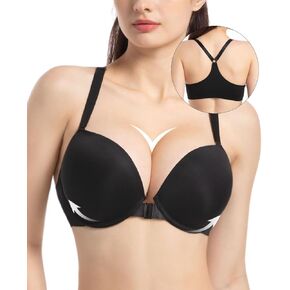 YANDW Racerback Push Up Padded Bras for Women Add 2 Cup Front Closure Back Smoothing T Back Plunge Underwire Bra