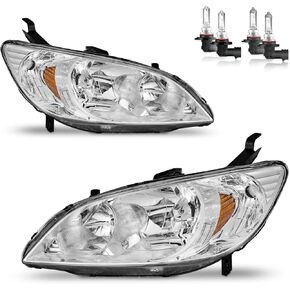Headlights Assembly for 2004-2005 Honda Civic 2/4Door Headlamp Replacement Chrome Housing Amber Reflector Driver & Passenger Side