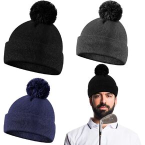 3 Pcs Winter Golf Hats for Men Fleece Lined Golf Pom Beanie Warm Golf Cap Mens Winter Knit Hat for Golf Lover Gift Sports Outdoor Christmas Multicolor